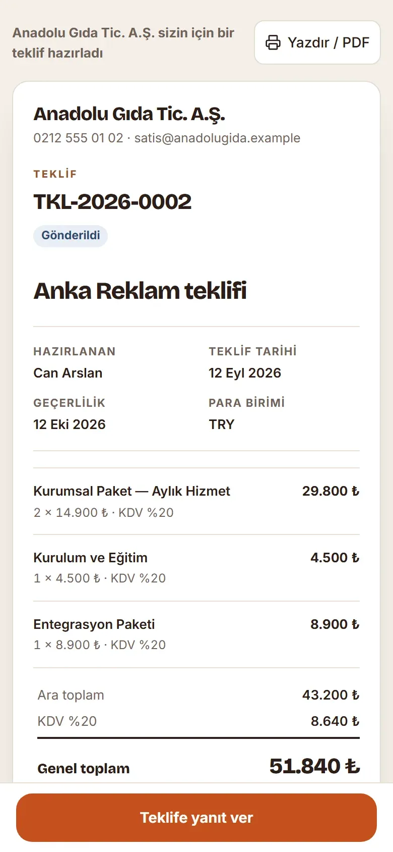 Telefonda açılmış teklif sayfası: kalemler, toplam, geçerlilik ve Kabul et / Reddet düğmeleri