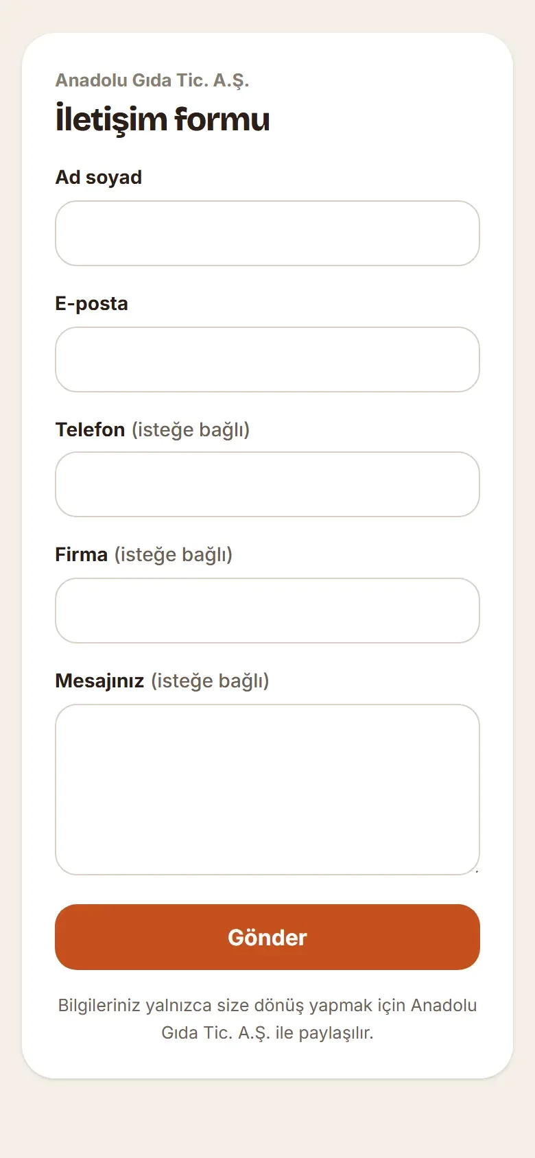 Telefonda açılmış herkese açık başvuru formu: ad, telefon, e-posta alanları ve gönder düğmesi